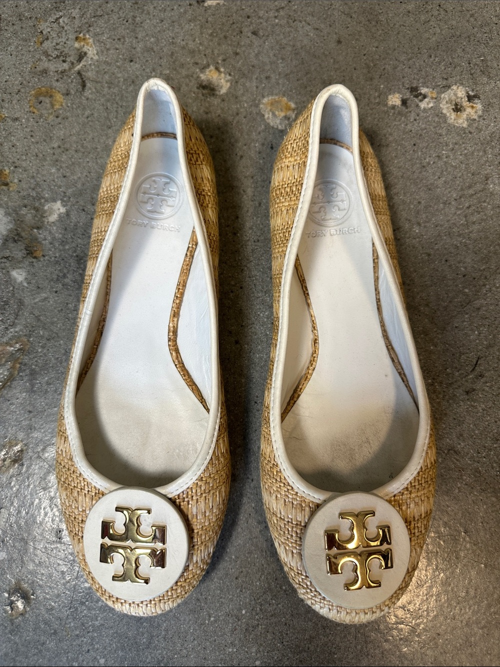 Tory Burch Beige Woven Logo Round-Toe Flats